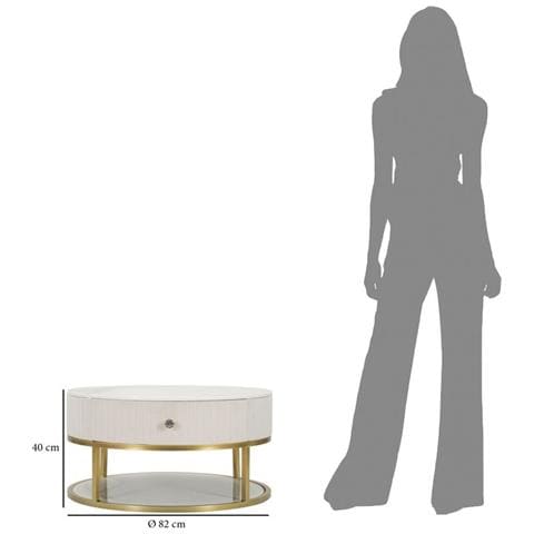 Tavolino Da Caffè Rotondo Montpellier Crema In Velluto E Ferro Dorato — Ø 75x36 Cm - Foto 8