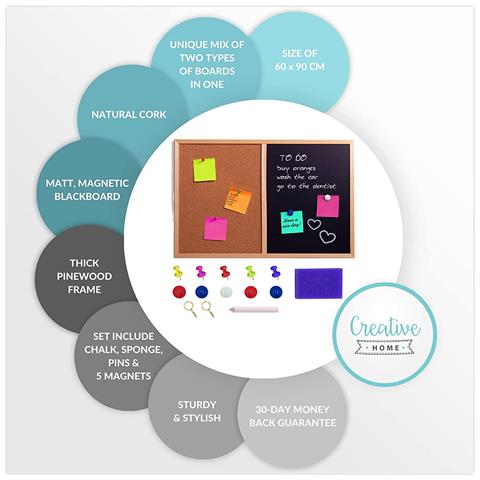 900 X 600 Mm Ardesia Magnetica E Di Sughero | Cornice Di Legno Spessa + 5 Magneti, Gesso, Spugna E Spilli | Fabbricato In Ue | Perfetto Per Ristorante, Ufficio, Scuola, Casa - Foto 2