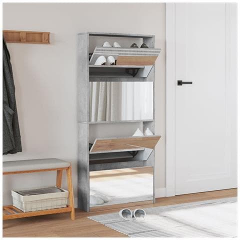 Scarpiera Con Specchio A 4 Livelli Grigio Cemento 63x17x134 Cm - Foto 3