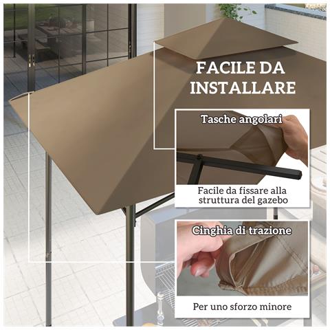 Copertura per Gazebo da Giardino per Barbecue 1.52x2.44 m a 2 Livelli in Poliestere 160gsm Cachi - Foto 6