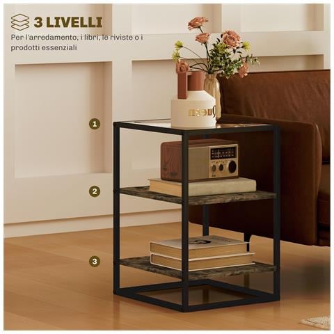 Set 2 Tavolini da Soggiorno a 3 Livelli in Legno e Metallo con Piano in Vetro Temperato, 37x40x55.5 cm, Marrone - Foto 6
