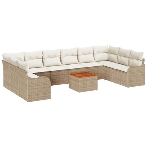Set di divani da giardino 10 pezzi con cuscini Beige Polyrattan Acacia, Divano da giardino 2 posti con cuscini Beige Polyrattan - Foto 1