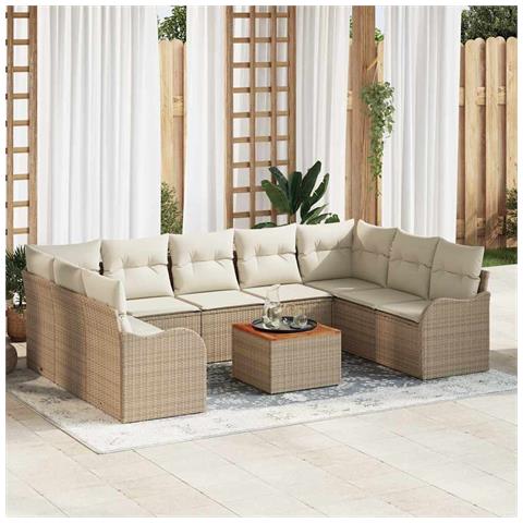 Set di divani da giardino 10 pezzi con cuscini Beige Polyrattan Acacia, Divano da giardino 2 posti con cuscini Beige Polyrattan - Foto 2