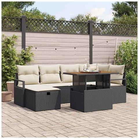Set Divano Giardino da 7 Pezzi con Cuscini Nero Rattan Polimerico, Divano Giardino a 2 Posti con Cuscini Nero Rattan Polimerico - Foto 2