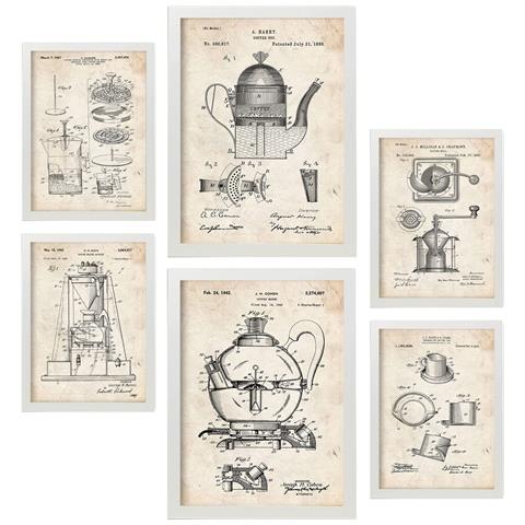 Set Di 6 Stampe Poster Con Brevetti Di Macchine Da Caffè Poster Con Immagini Di Brevetti Retrò Design D'interni In Stile Vintage A3 & A4 Cornice Bianca - Foto 1