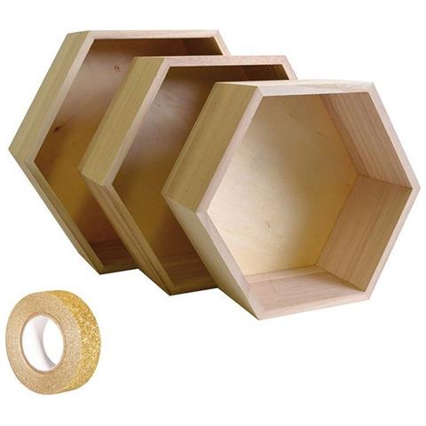 3 Scaffali Di Legno Esagono + Washi Tape Dorato 5 M - Foto 4