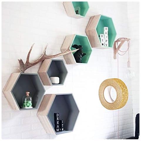 3 Scaffali Di Legno Esagono + Washi Tape Dorato 5 M - Foto 2