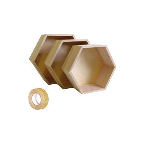 3 Scaffali Di Legno Esagono + Washi Tape Dorato 5 M - Foto 1