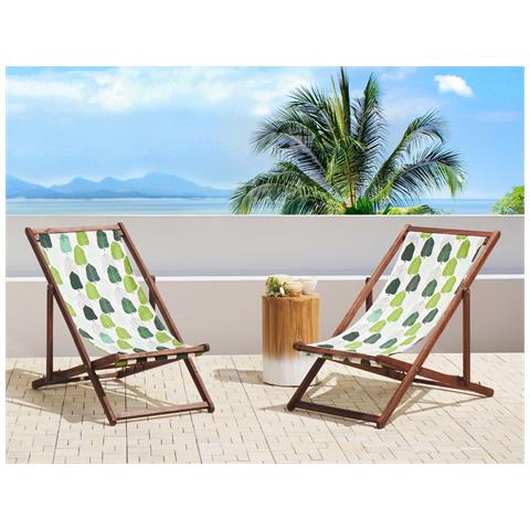 Set Di 2 Sedie A Sdraio Legno Acacia Scuro Motivo Foglie Bianco E Verde Anzio - Foto 1