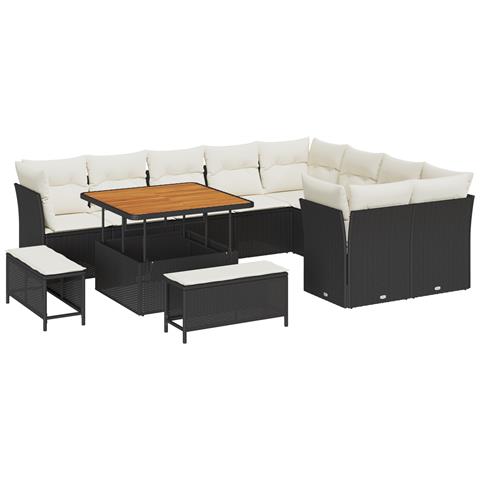 Set da Giardino  12 Pezzi con Cuscini Rattan PE Nero Acacia, Set da Pranzo da Giardino  3 Pezzi con Cuscini Rattan PE Nero Acacia - Foto 1