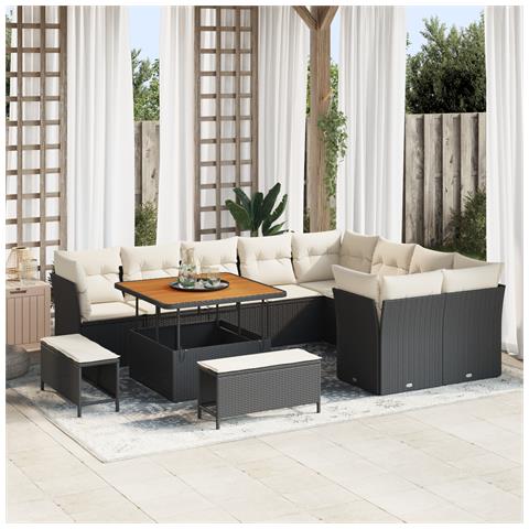 Set da Giardino  12 Pezzi con Cuscini Rattan PE Nero Acacia, Set da Pranzo da Giardino  3 Pezzi con Cuscini Rattan PE Nero Acacia - Foto 2