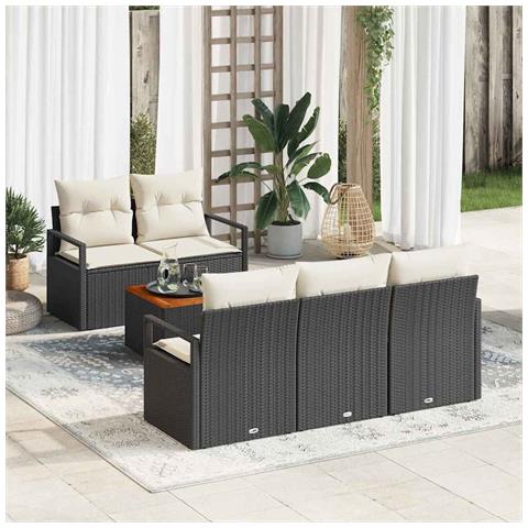 Set di Divani da Giardino con Cuscini da 6 Pezzi Nero Polyrattan Acacia, Divano da Giardino a 2 Posti con Cuscini Nero Polyrattan - Foto 2