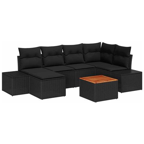Set Divano Giardino da 7 Pezzi con Cuscini Nero Rattan Sintetico Acacia - Foto 1