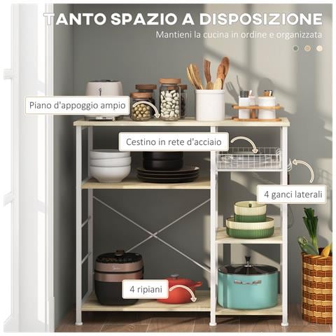 Mobile Cucina Moderno A 4 Ripiani Con Cestino E Ganci In Legno E Acciaio, 90x40x84.5cm, Quercia E Bianco - Foto 6