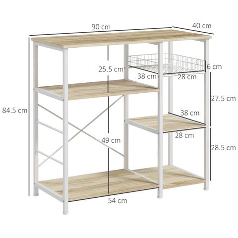 Mobile Cucina Moderno A 4 Ripiani Con Cestino E Ganci In Legno E Acciaio, 90x40x84.5cm, Quercia E Bianco - Foto 2