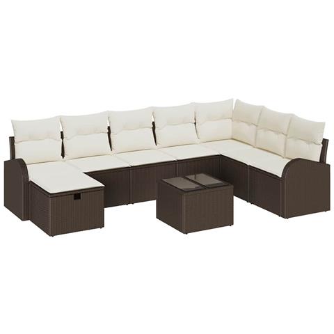 Set di Divano da Giardino 9 Pezzi con Cuscini Marrone Polyrattan - Foto 1