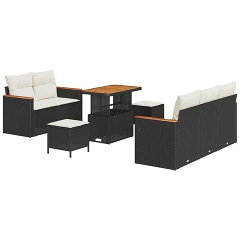 Set Divani Giardino 8 Pezzi Cuscini Nero Polyrattan Acacia, Set Pranzo Giardino 3 Pezzi Cuscini Nero Polyrattan Acacia - Foto 1