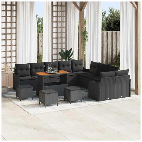 Set divano da giardino 14 pezzi con cuscini in polyrattan nero e acacia, Divano da giardino 2 posti con cuscini in polyrattan nero, Set da pranzo da giardino 4 pezzi con cuscini in polyrattan nero e acacia - Foto 2