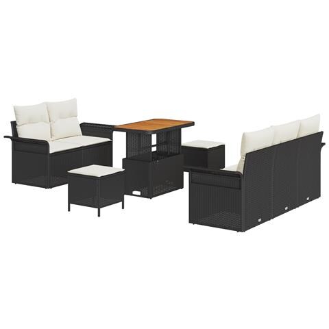 Set Divano da Giardino da 8 Pezzi con Cuscini Neri in Polyrattan Acacia,  Divano da Giardino a 2 Posti con Cuscini Neri in Polyrattan,  Set da Pranzo da Giardino da 3 Pezzi con Cuscini Neri in Polyrattan Acacia - Foto 1