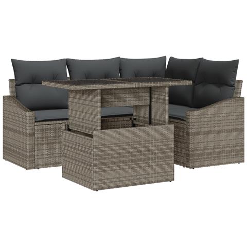 Set divano da giardino a 5 pezzi con cuscini Grigio Rattan Sintetico - Foto 1