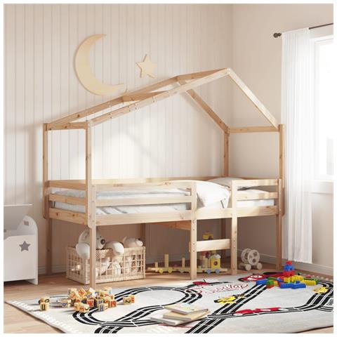 Letto a Soppalco con Tetto 75x190 cm in Legno Massello di Pino - Foto 2