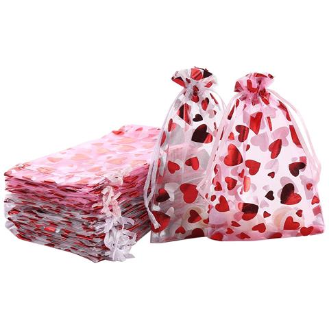 Sacchetti In Organza Con Cuore In Foglia Oro 8x10cm (confezione Da 100) - Sacchetti Con Coulisse - Foto 1