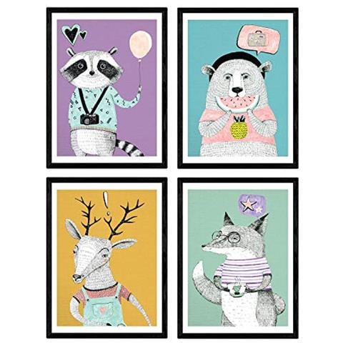 Set Di 4 Stampe Poster Animali Moderni. Magna Di Animali Con Design Nordico Senza Cornice A3 - Foto 1