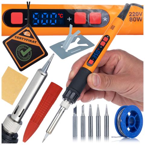 Lutatrice Elettrica 80w Orange Mastiff - Display Lcd, 6 Punte, Cavo 90cm | Temperatura 180-500°c | Set 12 In 1 Per Elettronica - Foto 1