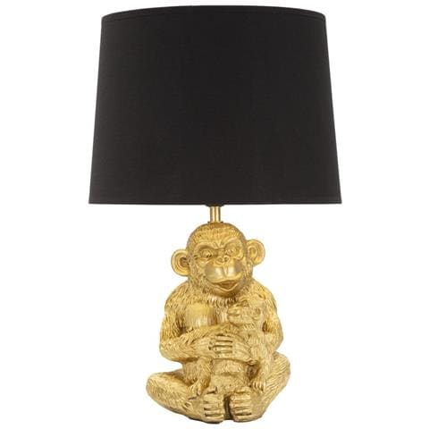 Lampada Da Tavolo Monkey Mum In Resina Dorata Con Paralume In Tessuto Nero - Foto 1