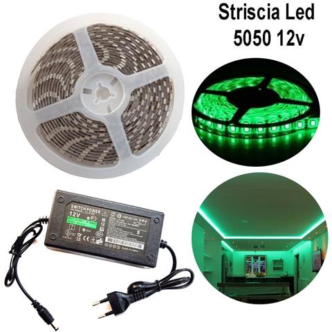 Striscia Strip Led 5050 5m Adesiva Luce Ip65 Alimentatore 12v 5a Verde 12w /m - Foto 1