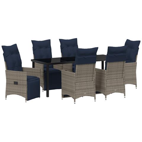 Set da Pranzo Giardino 7 Pezzi con Cuscini Rattan Polipropilene Grigio, Tavolo Giardino Nero 200x80x73 cm Vetro Temperato - Foto 1