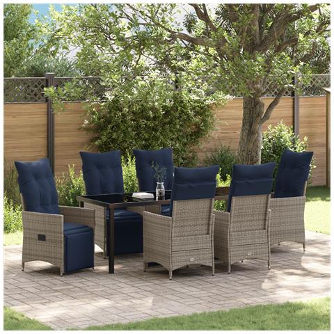 Set da Pranzo Giardino 7 Pezzi con Cuscini Rattan Polipropilene Grigio, Tavolo Giardino Nero 200x80x73 cm Vetro Temperato - Foto 2