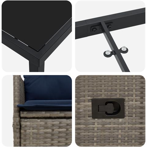 Set da Pranzo Giardino 7 Pezzi con Cuscini Rattan Polipropilene Grigio, Tavolo Giardino Nero 200x80x73 cm Vetro Temperato - Foto 9