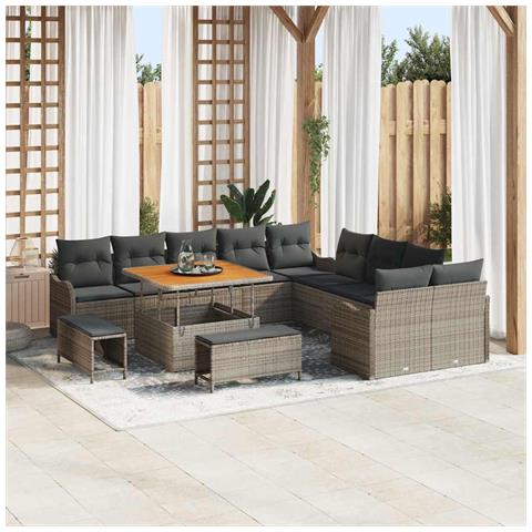 Set da Giardino  13 Pezzi con Cuscini Grigio Rattan Sintetico Acacia, Divano da Giardino  2 Posti con Cuscini Grigio Rattan Sintetico, Set da Pranzo da Giardino  in 3 Pezzi con Cuscini Grigio Rattan Sintetico Acacia - Foto 2
