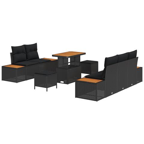 Set di Divani da Giardino con Cuscini da 8 Pezzi in Rattan Polyrattan Nero Acacia, Set da Pranzo per Giardino da 3 Pezzi con Cuscini in Rattan Polyrattan Nero Acacia - Foto 1