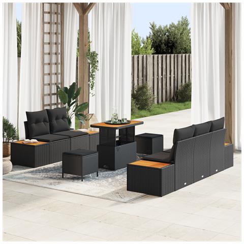 Set di Divani da Giardino con Cuscini da 8 Pezzi in Rattan Polyrattan Nero Acacia, Set da Pranzo per Giardino da 3 Pezzi con Cuscini in Rattan Polyrattan Nero Acacia - Foto 2