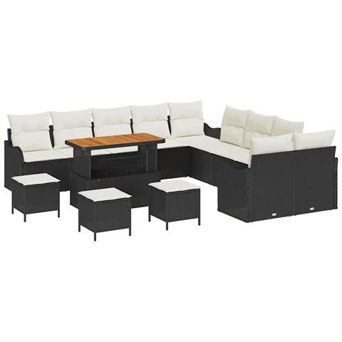Set Divano da Giardino 14 Pezzi con Cuscini in Rattan Polyrattan Nero e Acacia,  Divano da Giardino 2 Posti con Ripostiglio e Cuscini in Rattan Polyrattan Nero,  Set di Arredamento da Giardino 4 Pezzi con Cuscini in Rattan Polyrattan Nero e Acacia - Foto 1