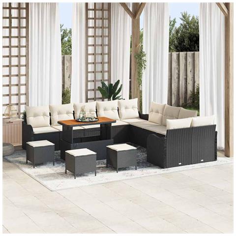 Set Divano da Giardino 14 Pezzi con Cuscini in Rattan Polyrattan Nero e Acacia,  Divano da Giardino 2 Posti con Ripostiglio e Cuscini in Rattan Polyrattan Nero,  Set di Arredamento da Giardino 4 Pezzi con Cuscini in Rattan Polyrattan Nero e Acacia - Foto 2