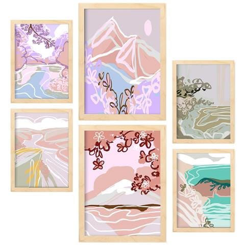 Set Di 6 Stampe Natura Silenziosa In Paesaggi Astratti, Dipinti Decorativi Estetici Per Il Tuo Soggiorno Di Casa A3 & A4 Telaio In Legno Chiaro - Foto 1