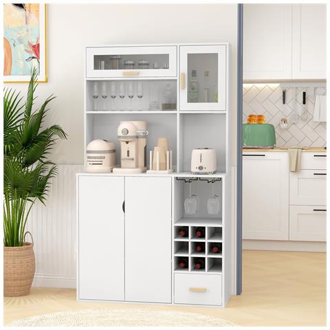 Mobile Dispensa Con Portabottiglie, Armadietti, Ripiani E Cassetto, In Truciolato E Legno, 100x38x172 Cm, Bianco - Foto 6