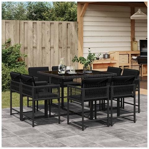 Set Da Pranzo Da Giardino 9 Pz Con Cuscini Nero In Polyrattan - Foto 1