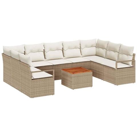 Set di divani da giardino  10 pezzi con cuscini Beige Polyrattan Acacia, Divano da giardino  a 2 posti con cuscini Beige Polyrattan - Foto 1