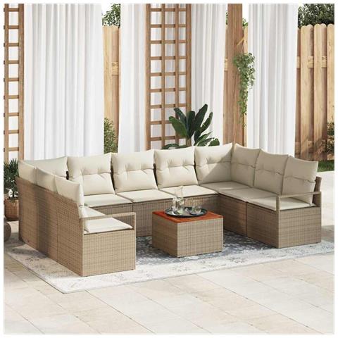 Set di divani da giardino  10 pezzi con cuscini Beige Polyrattan Acacia, Divano da giardino  a 2 posti con cuscini Beige Polyrattan - Foto 2