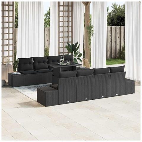 Set di Divano da Giardino 9 Pezzi con Cuscini Neri in Polyrattan - Foto 2