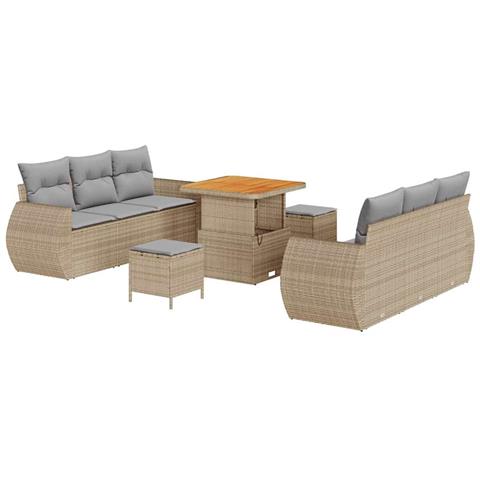 Set divani giardino 9 pezzi con cuscini beige in polyrattan e acacia, Set pranzo giardino 3 pezzi con cuscini beige in polyrattan e acacia - Foto 1