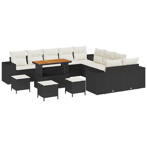 Set Divano da Giardino 14 Pezzi con Cuscini Nero Polyrattan Acacia, Set da Pranzo da Giardino 4 Pezzi con Cuscini Nero Polyrattan Acacia - Foto 1