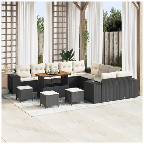 Set Divano da Giardino 14 Pezzi con Cuscini Nero Polyrattan Acacia, Set da Pranzo da Giardino 4 Pezzi con Cuscini Nero Polyrattan Acacia - Foto 2