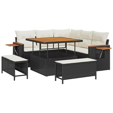 Set Divano da Giardino da 8 Pezzi con Cuscini Neri Polyrattan Acacia, Set da Giardino da 3 Pezzi con Cuscini Neri Polyrattan Acacia - Foto 1