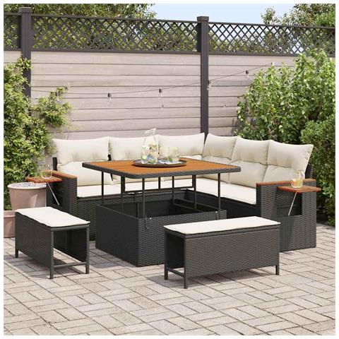 Set Divano da Giardino da 8 Pezzi con Cuscini Neri Polyrattan Acacia, Set da Giardino da 3 Pezzi con Cuscini Neri Polyrattan Acacia - Foto 2