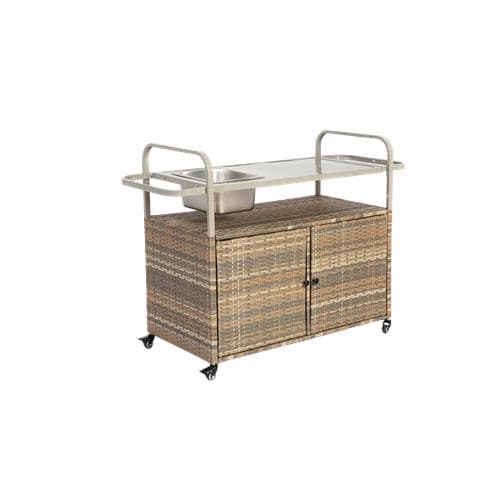 Carrello Da Servizio Per Patio Da Esterno In Vimini Con Armadio, Tavolo Con Piano In Acciaio, Un Secchiello Per Il Ghiaccio, Ruote Bloccabili, Cestello Laterale, Beige - Foto 4